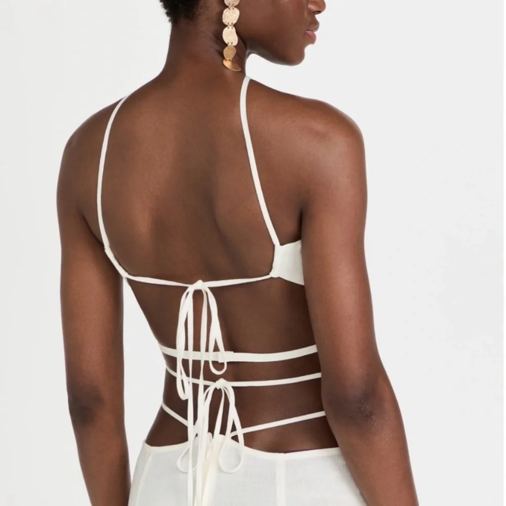 Cult Gaia Drew Linen Strappy Halter Criss Cross Blouse Crop Tie Top Off White
